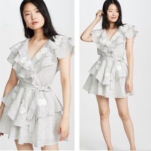 Innika Choo Sailor Wrap Linen Striped Ruffle Mini Dress Embroidered Size 1 Small